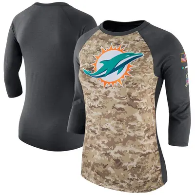 Women's Legend Miami Dolphins Camo/Charcoal Salute to Service 2017 Three-Quarter Raglan Sleeve T-Shirt